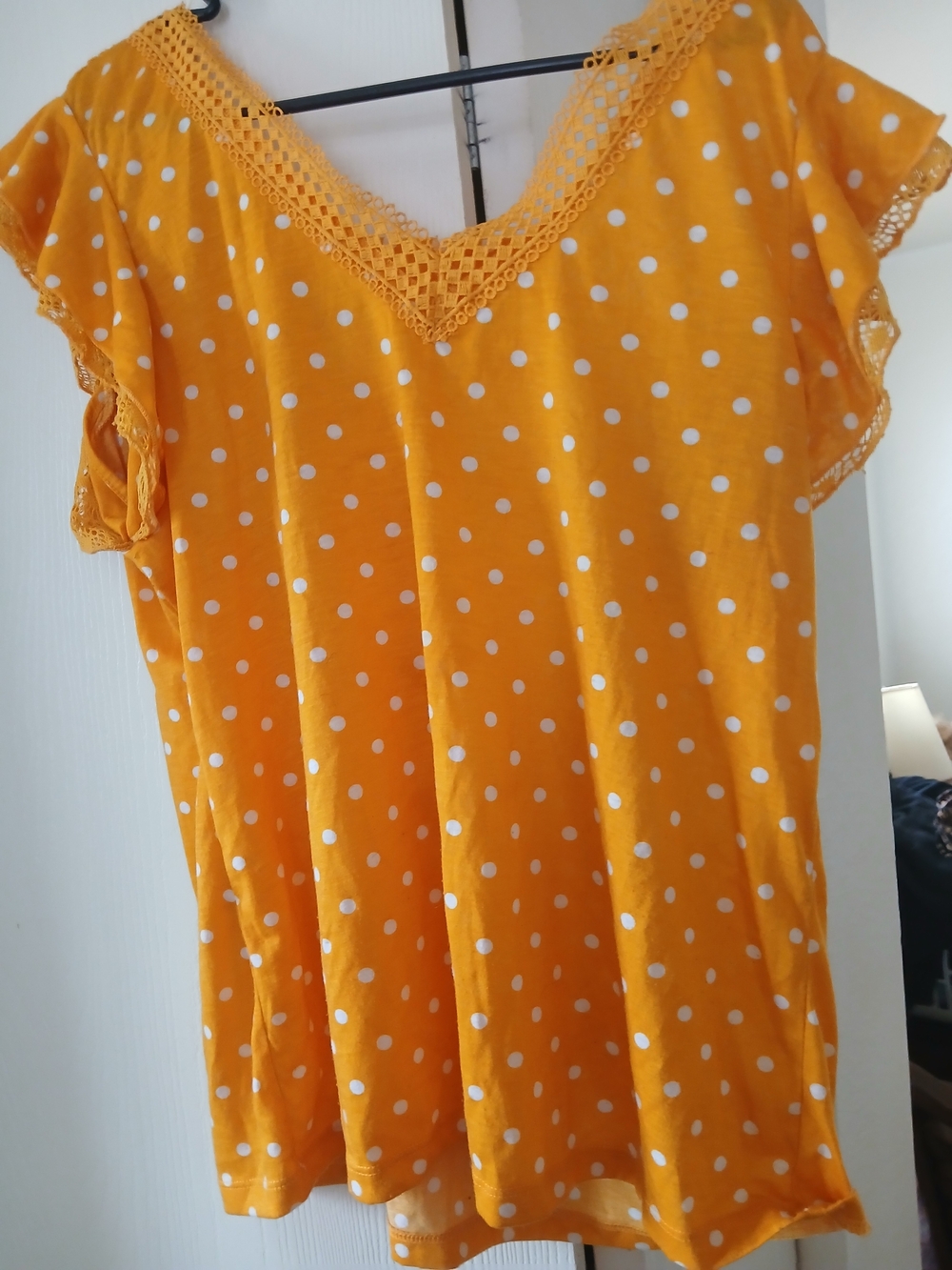 Bobbie Brooks Yellow Polka Dot V‑Neck Tunic with Crochet Trim